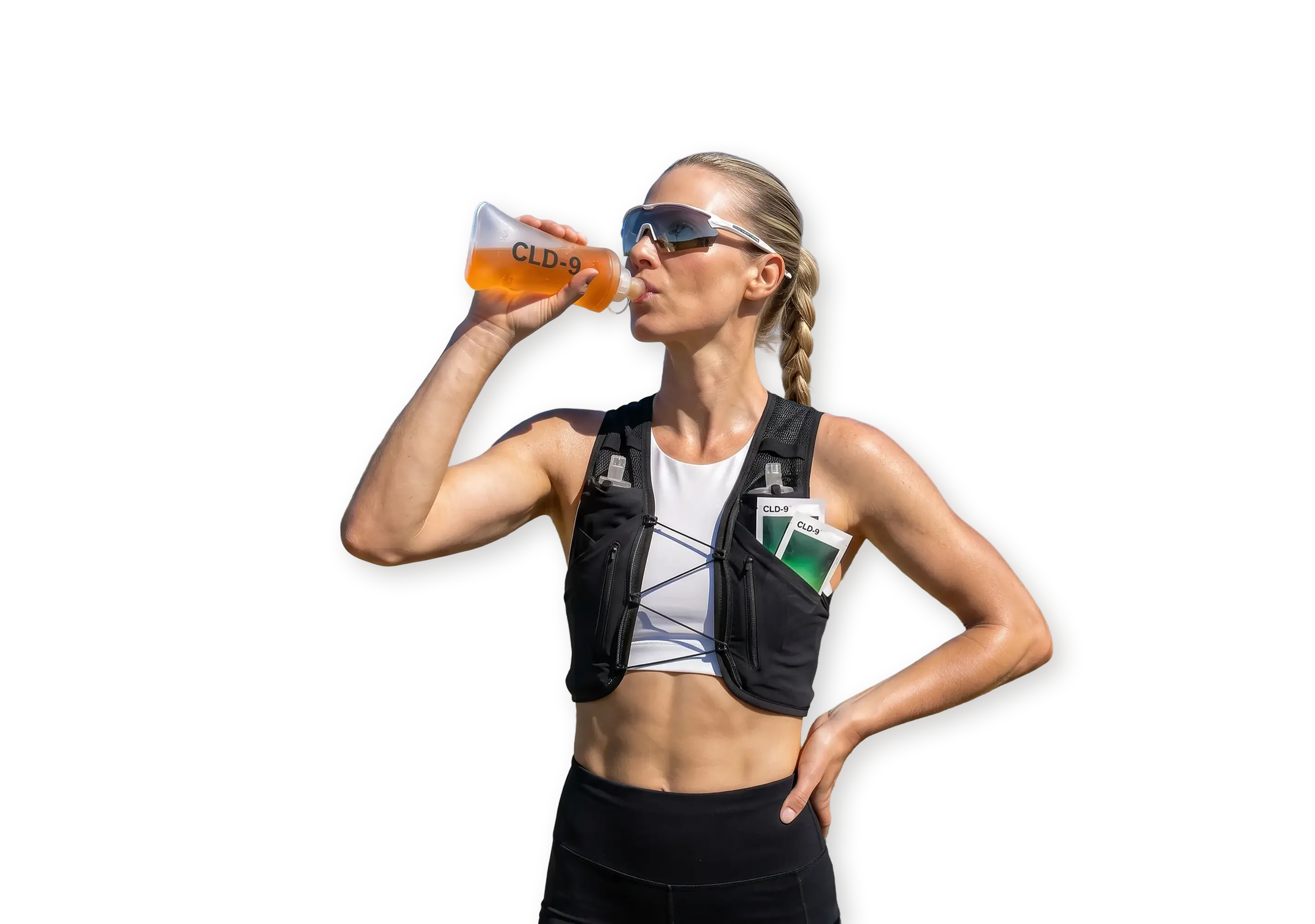 Runner drinking a CLD-9 supplement on a mountain trail
